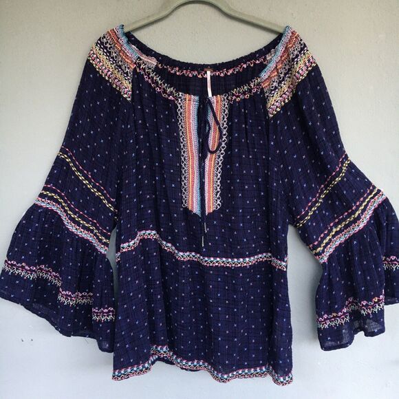 Free People Talia Top Women's M Embroidered Peasant Boho Bell Sleeve Blouse - Picture 3 of 16